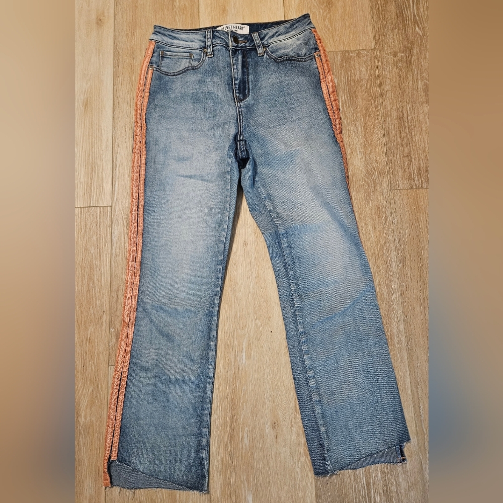 Velvet Heart Jeans 27 Mid Rise Flare Crop Maven Pink Ribbon Fray Edge‎ Hem Denim